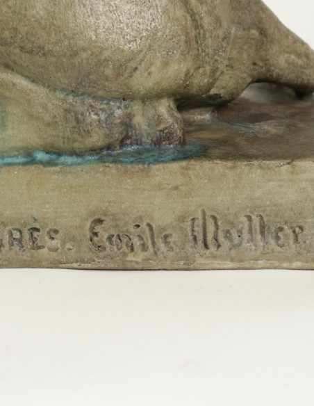 1093-Paul Jouve sculpture de Lion assis en grès émaillé