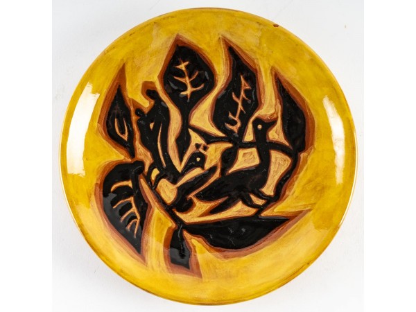 Jean Lurçat : Yellow glazed plate with stylized birds - Galeriepaolalumbroso