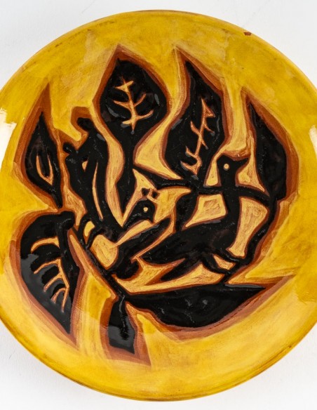 2393-Jean Lurçat : Yellow glazed plate with stylized birds - Galeriepaolalumbroso