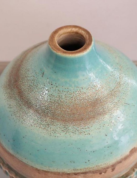 722-Turquoise blue vase in brown clay by Besnard Jean