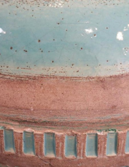724-Turquoise blue vase in brown clay by Besnard Jean