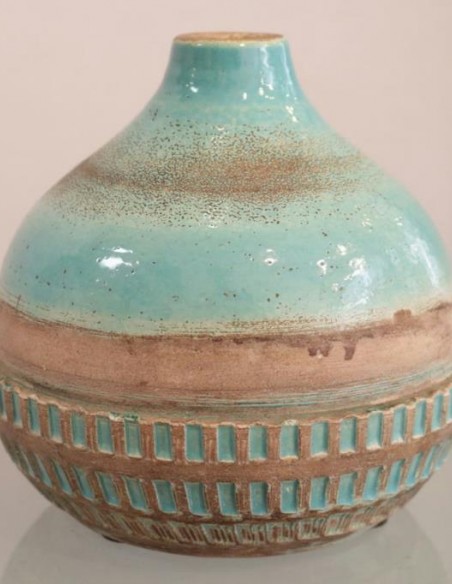 726-Turquoise blue vase in brown clay by Besnard Jean