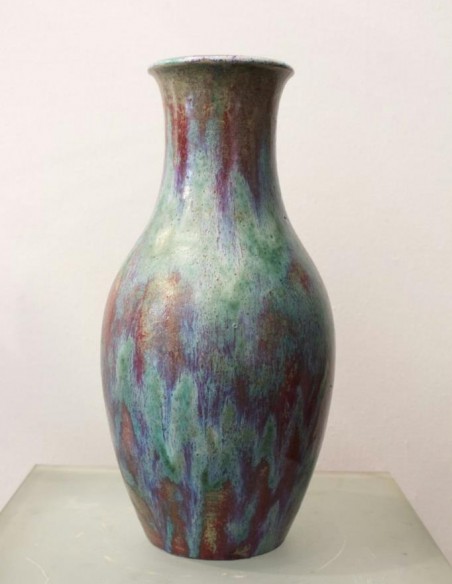 898-Blue flamed stoneware vase by Emile Decoeur