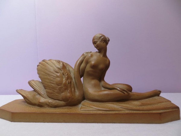 Stoneware sculpture by Jean-Baptiste Gauvenet Léda and the swan