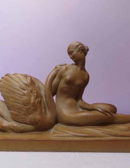 928-Stoneware sculpture by Jean-Baptiste Gauvenet Léda and the swan